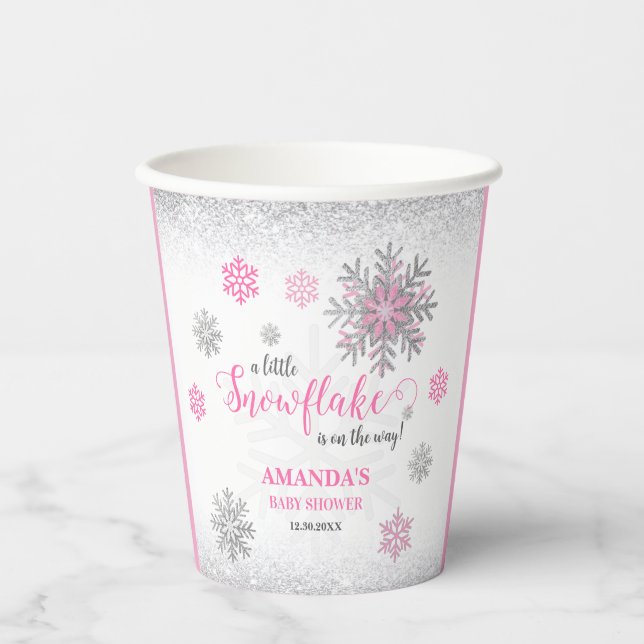 Vasos De Papel Little Snowflake Pink Silver Glittery Baby Shower  (Anverso)