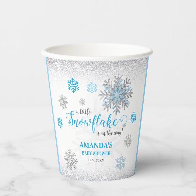 Vasos De Papel Little Snowflake Pink Silver Glittery Baby Shower  (Anverso)