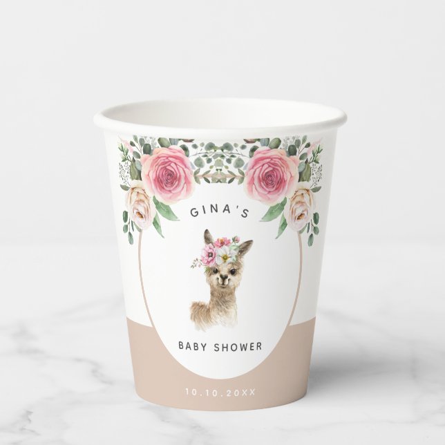 Vasos De Papel Llama a acuarela género Baby Shower neutral (Anverso)