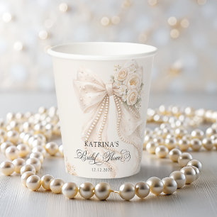 Vasos De Papel Lluvia de Boda Floral con Lazo Blanco