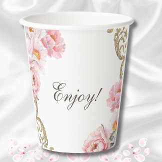 Vasos De Papel Lluvia de Novia Floral Vintage Peonía Rosa