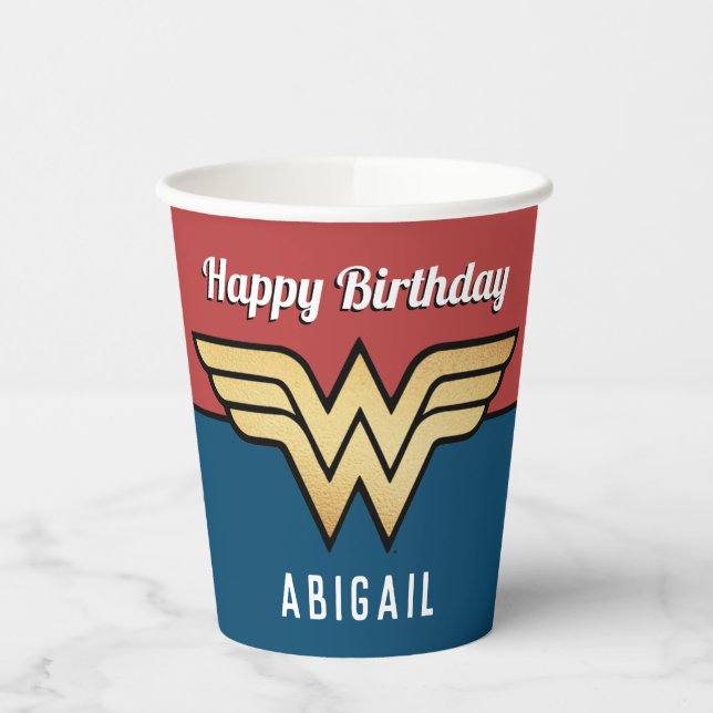 Vasos De Papel Logo de Wonder Woman | Cumpleaños feliz (Izquierda)