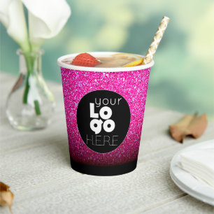 Vasos De Papel Logotipo de negocio Purpurina rosa caliente + Cuad