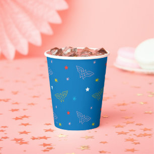 Vasos De Papel Logotipo de Wonder Woman y estrellas patrón azul