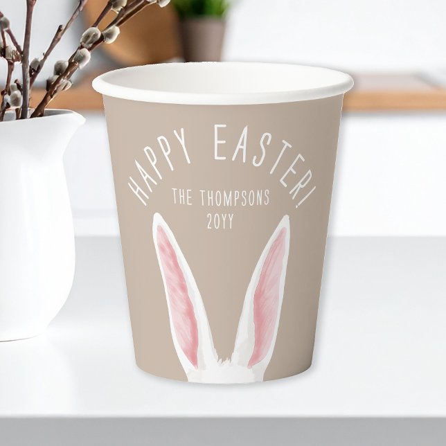Vasos De Papel Long White Bunny Ears On Beige Happy Easter (Subido por el creador)