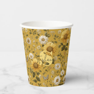 Vasos De Papel Los girasoles y las mariposas en fondo amarillo 1