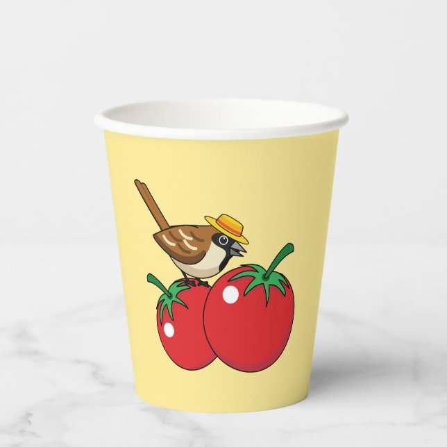 Vasos De Papel Lover Sparrow Orgánico come tomate rojo (Anverso)