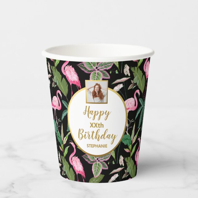 Vasos De Papel Luau floral tropical, flamencos, foto de cumpleaño (Anverso)