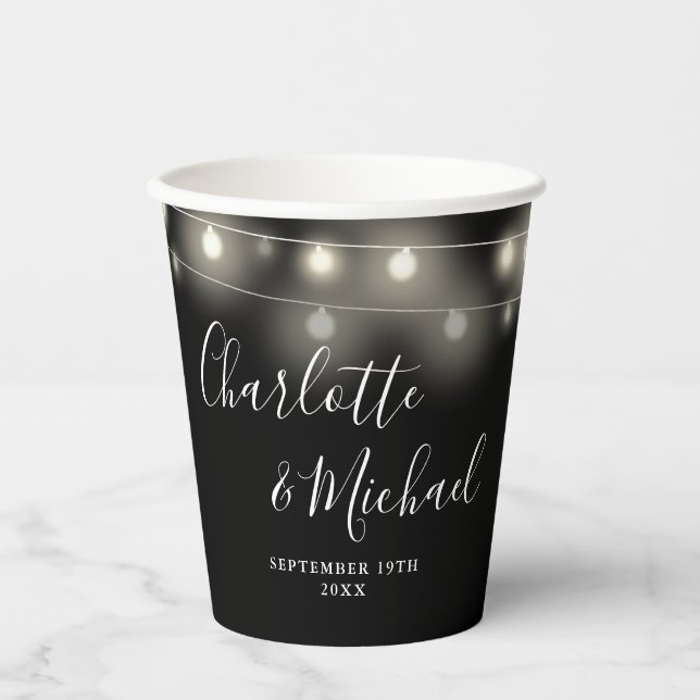 Vasos De Papel Luces de Cadena Firma Bodas Negro Blanco (Anverso)