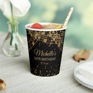 Vasos De Papel Luces de Cuerda de Oro Negro Cumpleaños Adulto