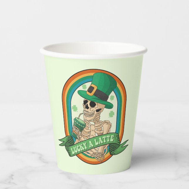 Vasos De Papel Lucky A Latte - Skeleton, Café y Clovers (Anverso)