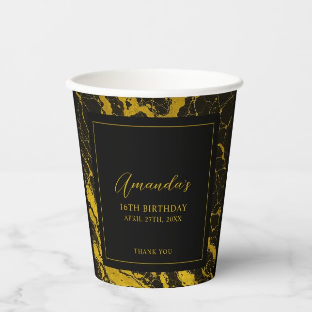 Vasos De Papel Lujoso dulce de mármol negro y oro 16 cumpleaños (Anverso)