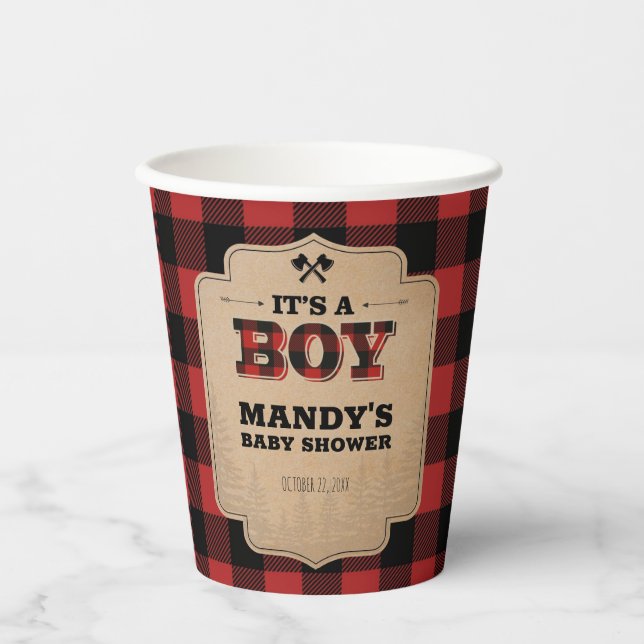 Vasos De Papel Lumberjack Boy Baby Shower Buffalo Plaid (Anverso)
