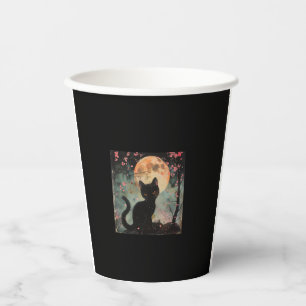 Vasos De Papel Luna Roja mística con gato negro y sakura
