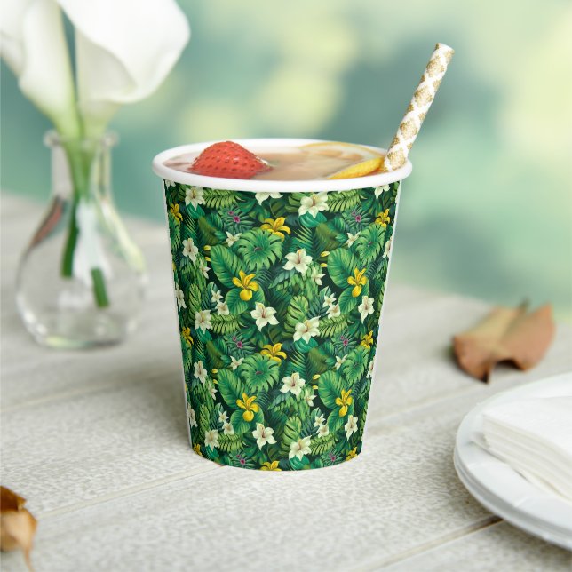 Vasos De Papel Lush Tropical Green - Tropical Foliage Paper Cup (in situ)