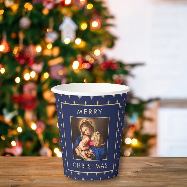 Vasos De Papel Madonna y Fiesta de Navidades tradicionales infant (Religious Christmas paper cup with Madonna and Child in navy blue and gold)
