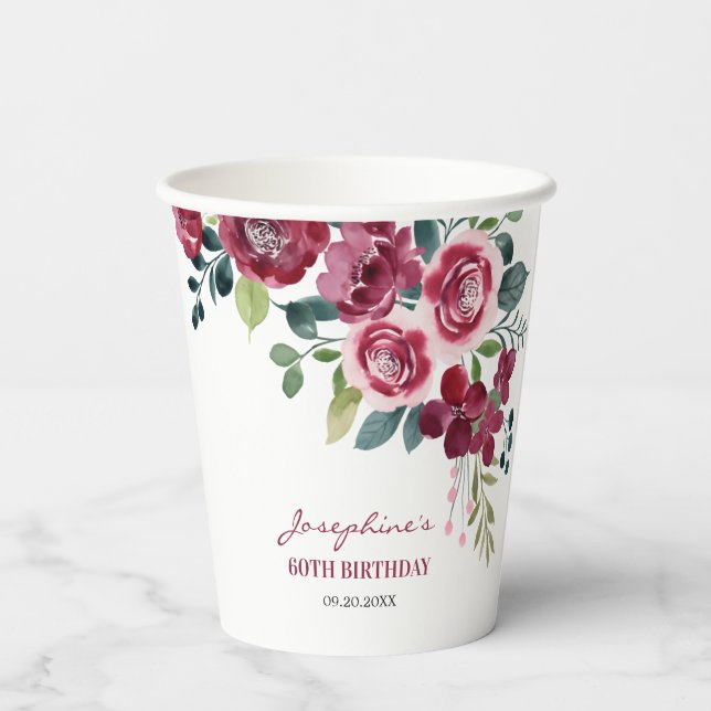 Vasos De Papel Magenta Pink Rose Floral Greenery Birthday (Reverso )