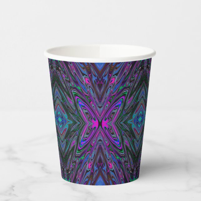 Vasos De Papel Magenta trippy, mariposa abstracta azul y verde (Izquierda)