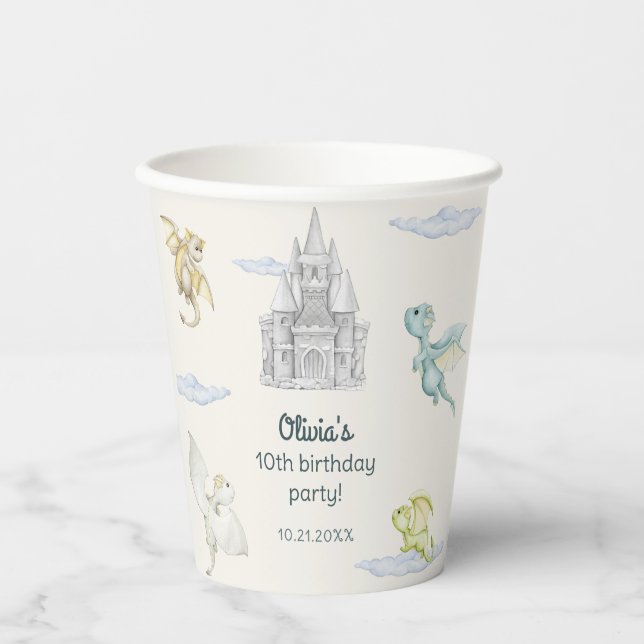 Vasos De Papel Magical Castle Cute Dragons Niños Cumpleaños (Anverso)