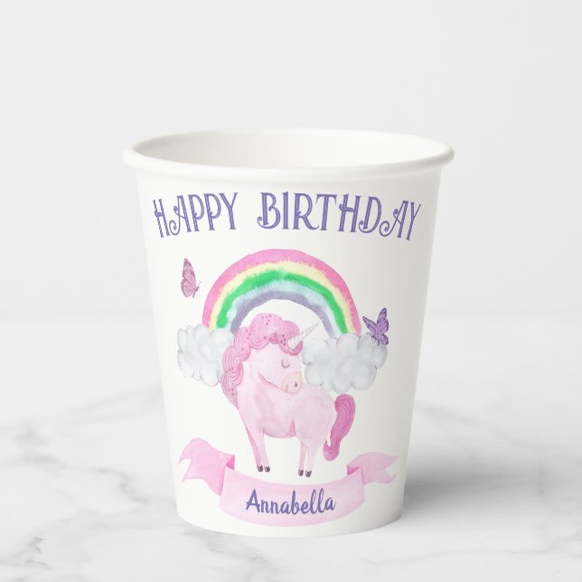 Vasos De Papel Magníficas mariposas arcoiris de Unicornio rosa (Anverso)