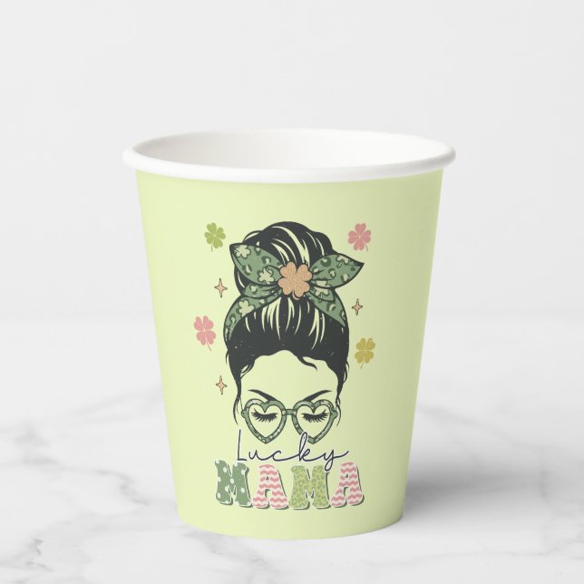 Vasos De Papel Mamá afortunada - Messy Bun - Clover St. Patrick (Anverso)