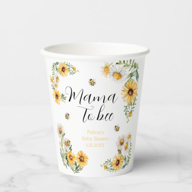 Vasos De Papel Mama to Bee flores amarillas Bumblebee Baby Shower (Anverso)