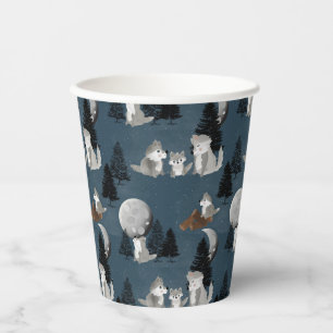 Vasos De Papel Manada de lobos lindos, cielo nocturno de bosque, 