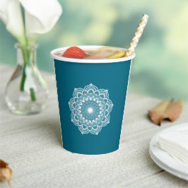 Vasos De Papel Mandala Blanca sobre Fondo Azul