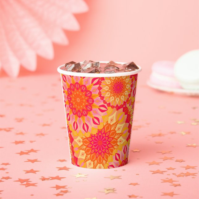 Vasos De Papel Mándala superpuesto naranja rosa amarillo (in situ)