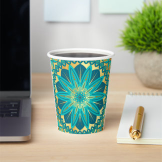Vasos De Papel Mandalas Flor de Oro Azul