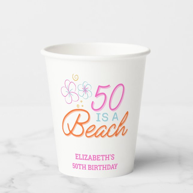 Vasos De Papel Mano de moda Dibujando Doodle 50th Beach Birthday (Anverso)