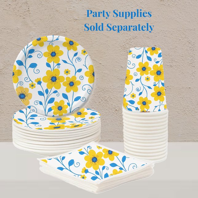 Vasos De Papel Mantequilla floral amarilla y azul (Butter Yellow and Blue Floral Pattern-Party Supplies-plates napkins and cups)