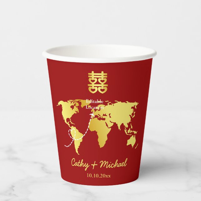 Vasos De Papel Mapa de destino de boda china rojo y dorado (Anverso)