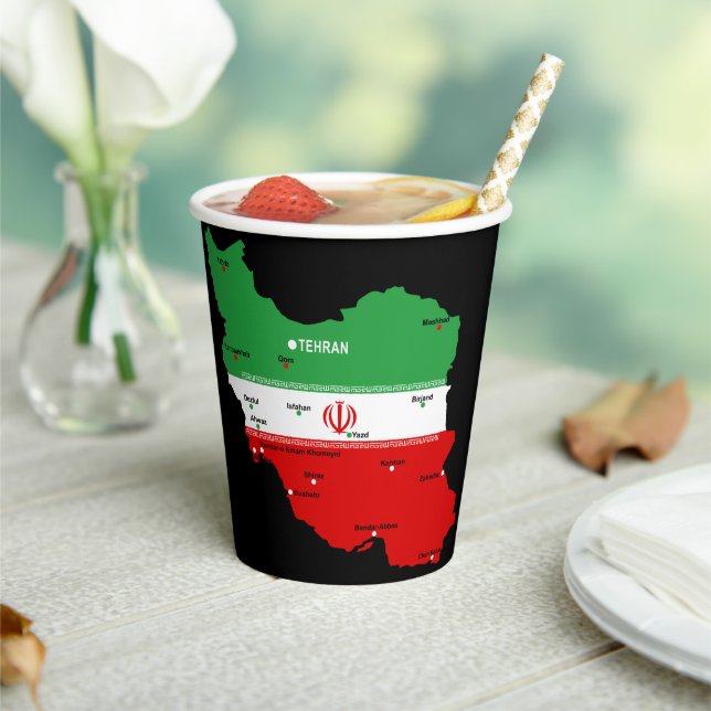 Vasos De Papel Mapa de Irán con bandera y emblema (in situ)