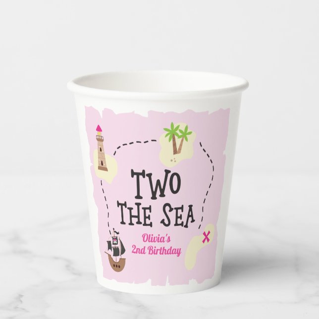 Vasos De Papel Mapa pirata dos al mar Cumpleaños rosa (Anverso)