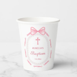 Vasos De Papel Marco de bautizo con lazo rosa