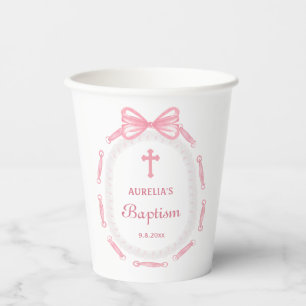 Vasos De Papel Marco de bautizo con lazo rosa