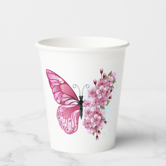 Vasos De Papel Mariposa de flores con Sakura rosa (Anverso)