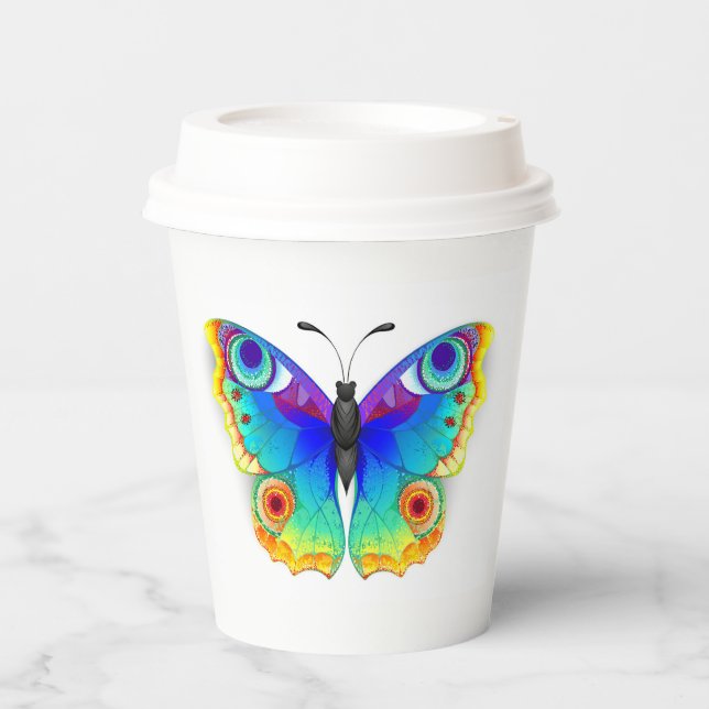 Vasos De Papel Mariposa de ojo de pavo real arcoíris (Anverso)