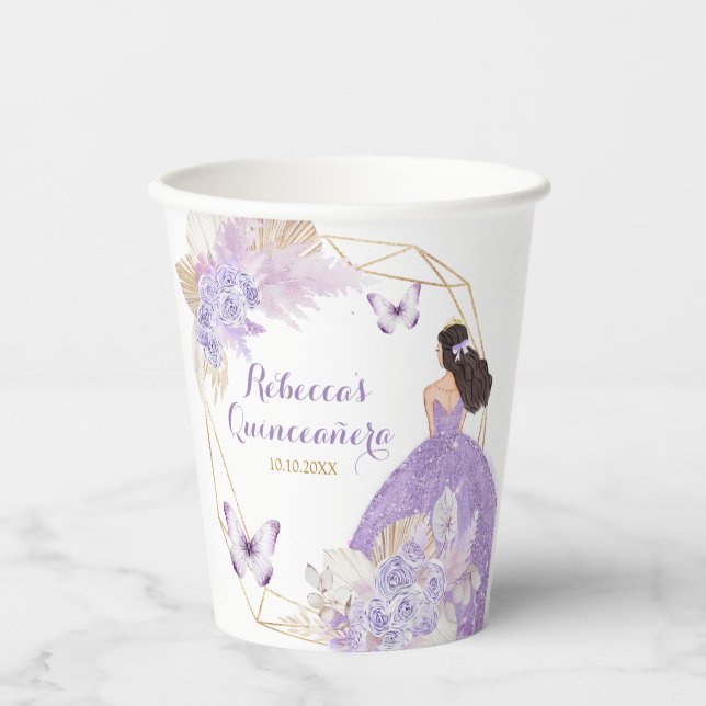 Vasos De Papel Mariposa floral púrpura Princesa Quinceañera (Anverso)