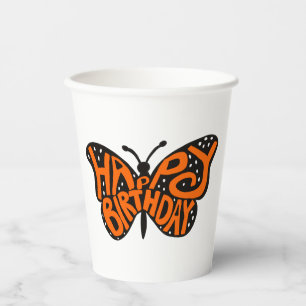 Vasos De Papel Mariposa monarca negra y Naranja Feliz cumpleaños