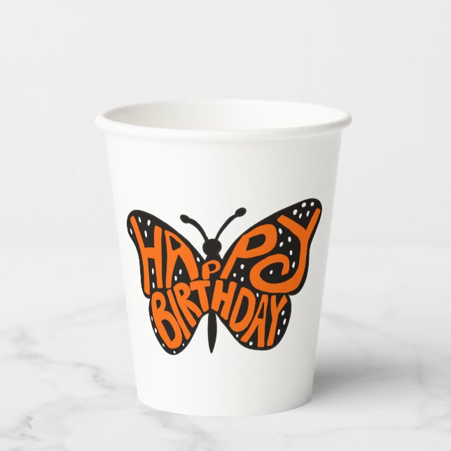 Vasos De Papel Mariposa monarca negra y Naranja Feliz cumpleaños (Anverso)