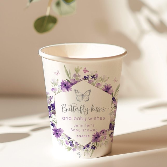 Vasos De Papel Mariposa morada de plata besa ducha de bebé (Subido por el creador)