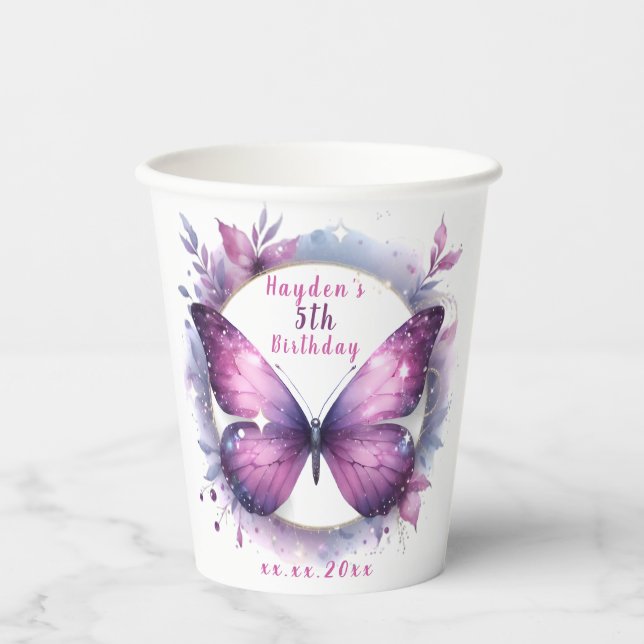 Vasos De Papel Mariposa morada Purpurina - Cumpleaños (Anverso)