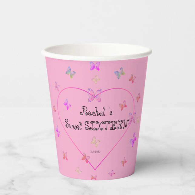 Vasos De Papel mariposas dulces de corazón rosado dulce dulce 16  (Anverso)
