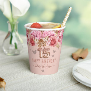 Vasos De Papel Mariposas Florales Rosa Felices Quince cumpleaños