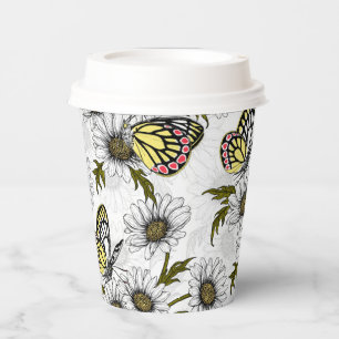 Vasos De Papel Mariposas Jezebel y flores de margarita en blanco