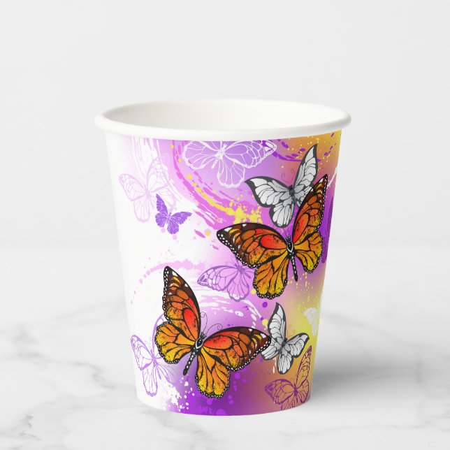 Vasos De Papel Mariposas monarcas en fondo morado (Anverso)