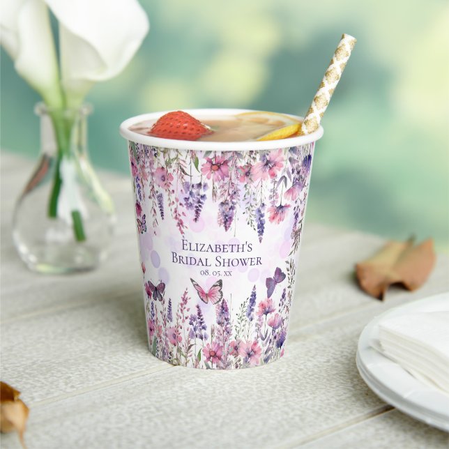 Vasos De Papel Mariposas y Flores Silvestres Moradas Rosadas Flor (in situ)