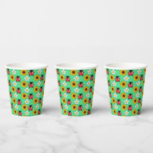 Vasos De Papel Mariquita Roja Y Negra Con Flores